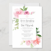 Elegante Roze Bloemige Waterverf Bat Mitzvah Feest Magnetische Uitnodiging (Voorkant)