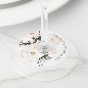Elegante roze bloemige waterverf bruiloft cadeautj wijnglaslabel