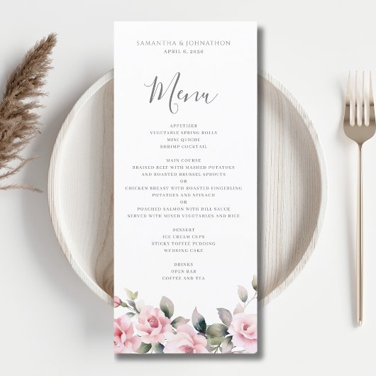 Elegante Roze Bloemige Waterverf Bruiloft Plat Men Menu