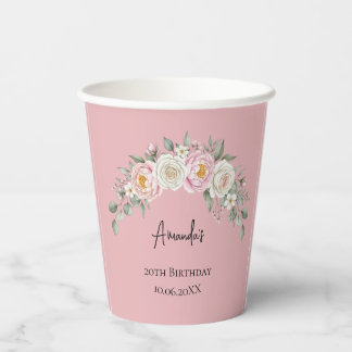 Elegante roze bloemige wegwerp cup met eigen naam papieren bekers
