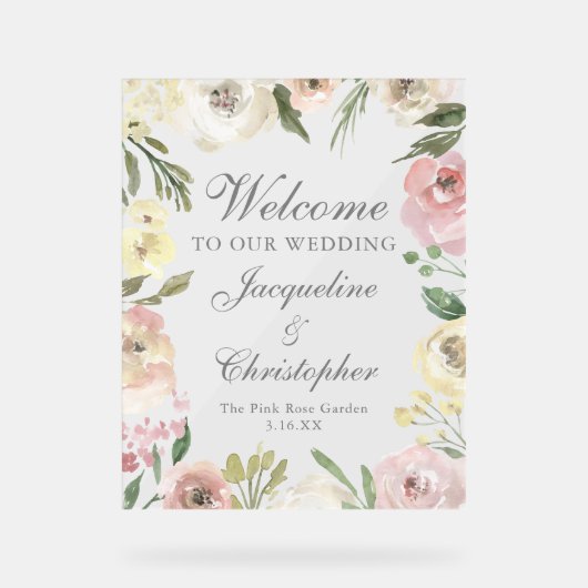 Elegante Roze Bloemige Welkom op onze Bruiloft Acryl Bord (Voorkant)