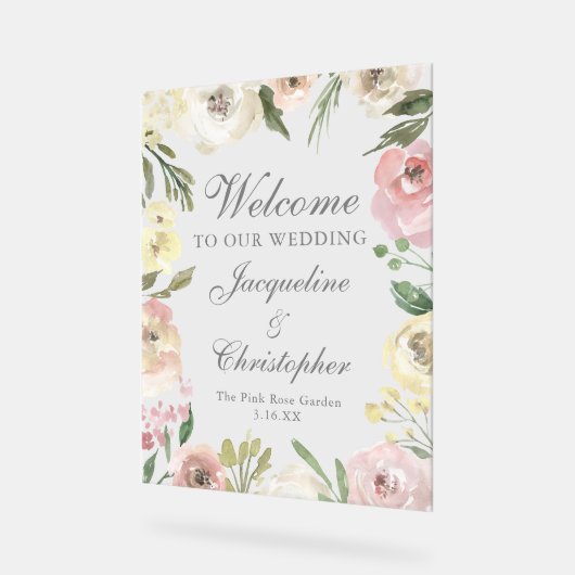 Elegante Roze Bloemige Welkom op onze Bruiloft Acryl Bord (Hoek)