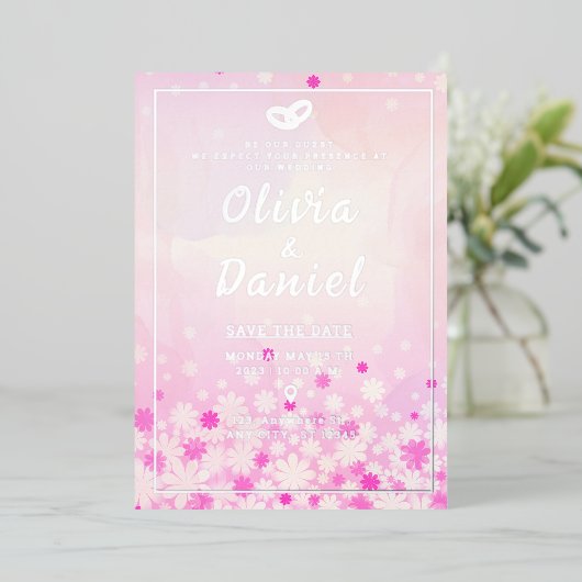 Elegante Roze Bloemige Zilveren Folie Uitnodiging (Staand Voorkant)