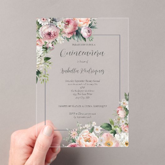 Elegante roze bloemige zilveren rand quinceañera acryl uitnodigingen (Insitu (Draagbaar))