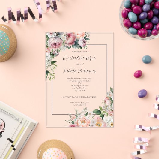 Elegante roze bloemige zilveren rand quinceañera acryl uitnodigingen (Insitu (Viering))