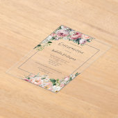 Elegante roze bloemige zilveren rand quinceañera acryl uitnodigingen (Laagn)