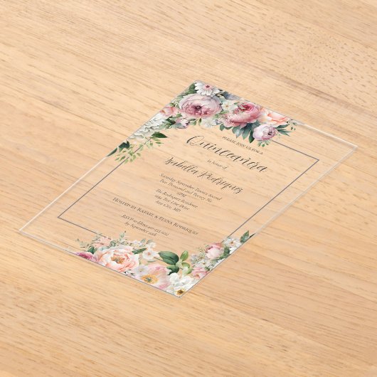 Elegante roze bloemige zilveren rand quinceañera acryl uitnodigingen (Laagn)