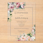 Elegante roze bloemige zilveren rand quinceañera acryl uitnodigingen (Voorkant)
