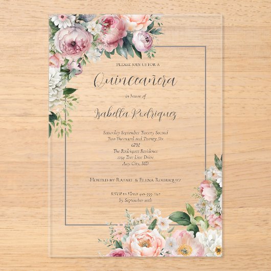 Elegante roze bloemige zilveren rand quinceañera acryl uitnodigingen (Voorkant)