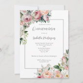 Elegante roze bloemige zilveren rand quinceañera kaart (Voorkant)