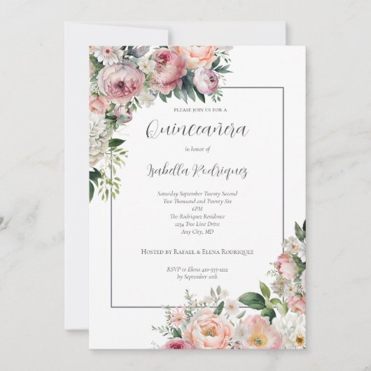 Elegante roze bloemige zilveren rand quinceañera kaart (Voorkant)