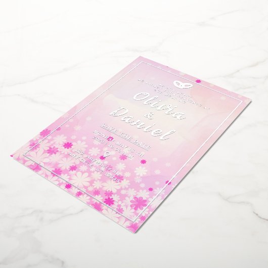 Elegante Roze Bloemige Zilverfolie Uitnodiging (Gedraaid)