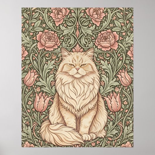 Elegante Roze Bloemkatposter William Morris Kunst Poster (Voorkant)