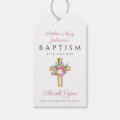 Elegante Roze Bloemkruis Meisje Doopfeest Cadeaulabel (Voorkant)