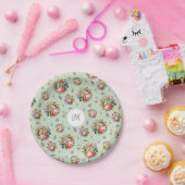 Elegante  Roze Bloempatroon Naam Monogram Papieren Bordje (Feest)