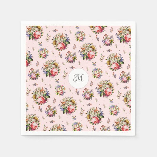 Elegante  Roze Bloempatroon Naam Monogram Servet (Voorkant)