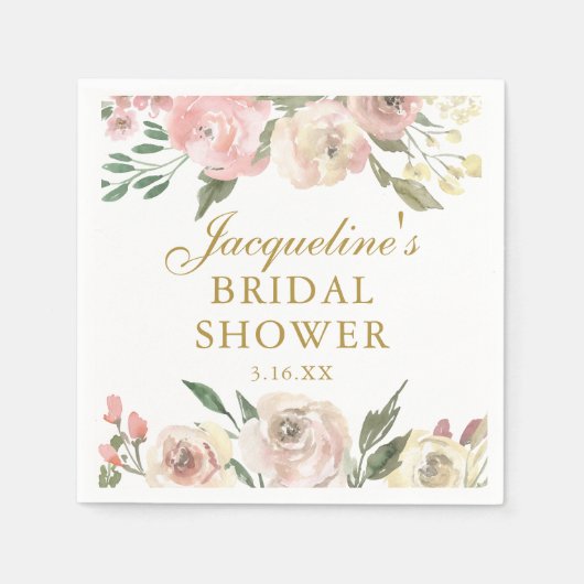 Elegante Roze Bloemrijke Aangepaste Gouden Bruidsd Servet (Voorkant)