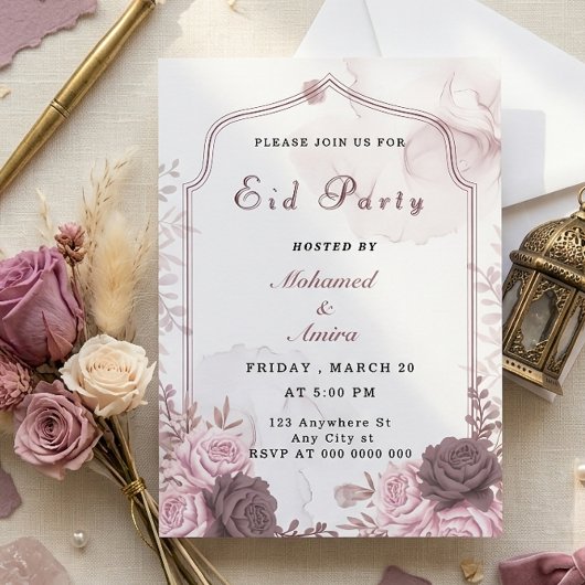Elegante Roze Bloemrijke Eid Feest Uitnodiging