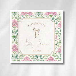 Elegante Roze Bloemrijke Frame Gouden Strik Baby S Servet