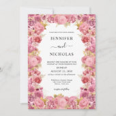 Elegante Roze Bloemrijke Rand Boho Bruiloft Kaart (Voorkant)