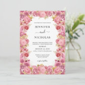 Elegante Roze Bloemrijke Rand Boho Bruiloft Kaart (Staand voorkant)