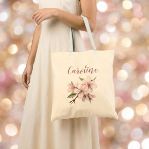 Elegante roze bloemrijke schriftuur kersenbloesem  tote bag