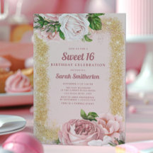 Elegante Roze Bloemrozen Goud Glitter Sweet 16
