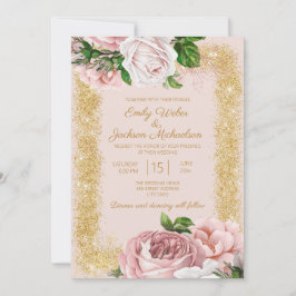 Elegante Roze Bloemrozen Gouden Glitter Bruiloft Kaart