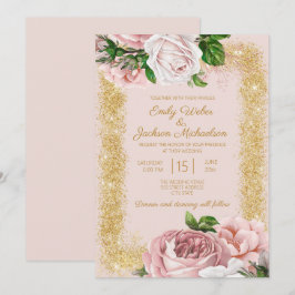 Elegante Roze Bloemrozen Gouden Glitter Bruiloft Kaart