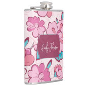 Elegante Roze Bloesem Aangepaste Naam Bloem Ontwer Heupfles (Rechts)