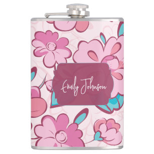Elegante Roze Bloesem Aangepaste Naam Bloem Ontwer Heupfles
