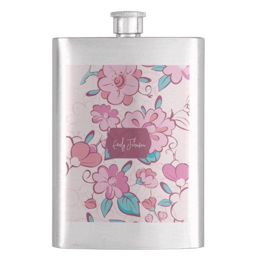 Elegante Roze Bloesem Aangepaste Naam Bloemendesig Flacon (Voorkant)