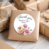 Elegante roze bloesem dank u bruiloft gunst ronde sticker