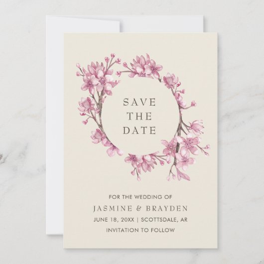 Elegante Roze Bloesem Kersenbloesem Bruiloft Save The Date (Voorkant)