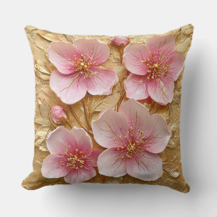 Elegante Roze Bloesems op Gouden Textuur Kussen