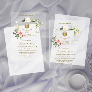 Elegante roze blos bloemen meisje Heilige Communie Acryl Uitnodigingen
