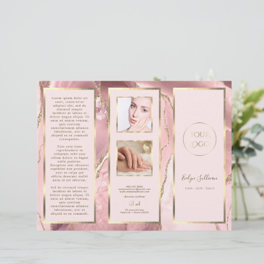 Elegante roze blos en gouden agaat brochure (Staand voorkant)