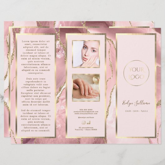 Elegante roze blos en gouden agaat brochure (Voorkant / Achterkant)