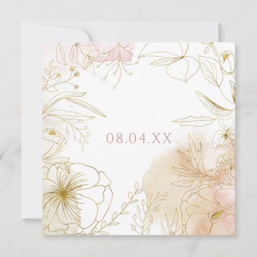 Elegante roze blos gouden bloemen Waterverf plein Save The Date (Voorkant)