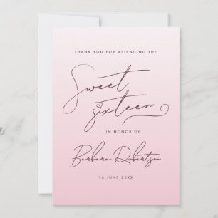 Elegante roze blos ombre script sweet sixteen bedankkaart