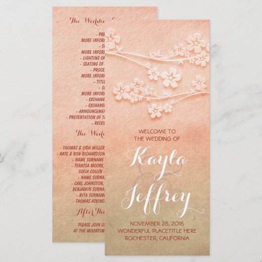 Elegante roze blos waterverf bruiloft programma programmakaart (Voorkant / Achterkant)