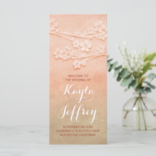 Elegante roze blos waterverf bruiloft programma programmakaart (Staand voorkant)