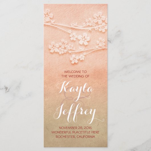 Elegante roze blos waterverf bruiloft programma programmakaart (Voorkant)