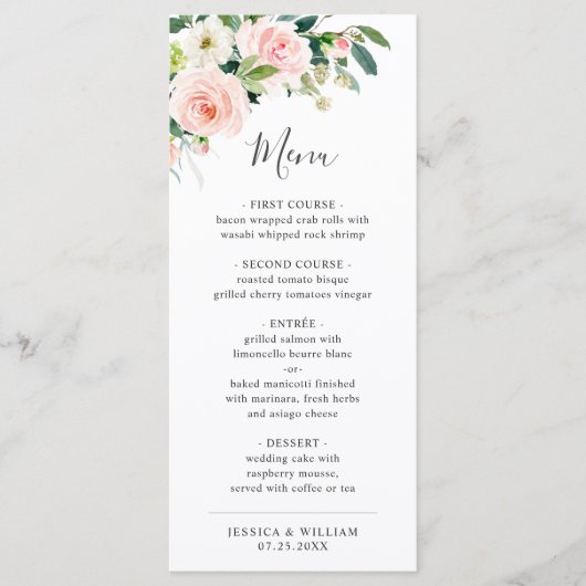 Elegante Roze Blosem Bloemen Trouw Dinner Menu (Voorkant)
