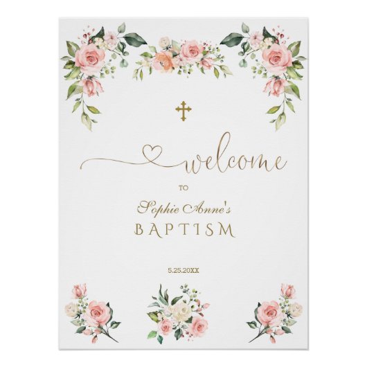 Elegante Roze Blosems Bloemen Doop Welkom Bord Perfect Poster (Voorkant)