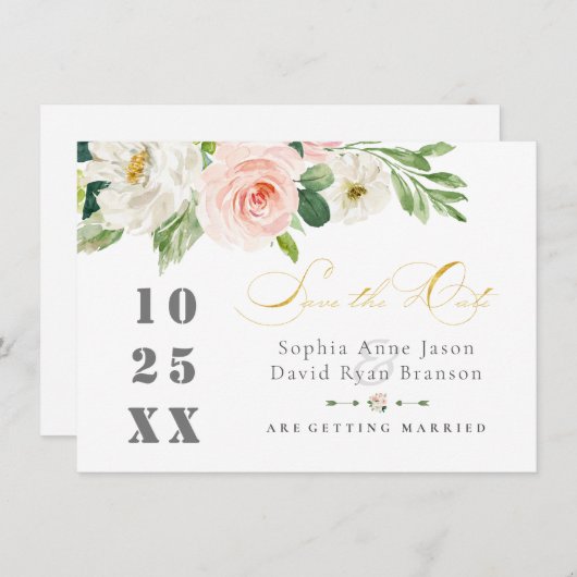 Elegante Roze Blozemsbloemen Bruiloft Goud Save The Date (Voorkant / Achterkant)