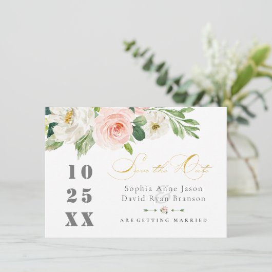 Elegante Roze Blozemsbloemen Bruiloft Goud Save The Date (Staand voorkant)