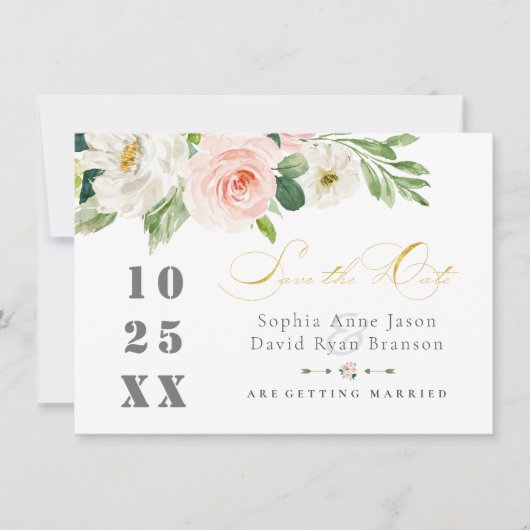 Elegante Roze Blozemsbloemen Bruiloft Goud Save The Date (Voorkant)
