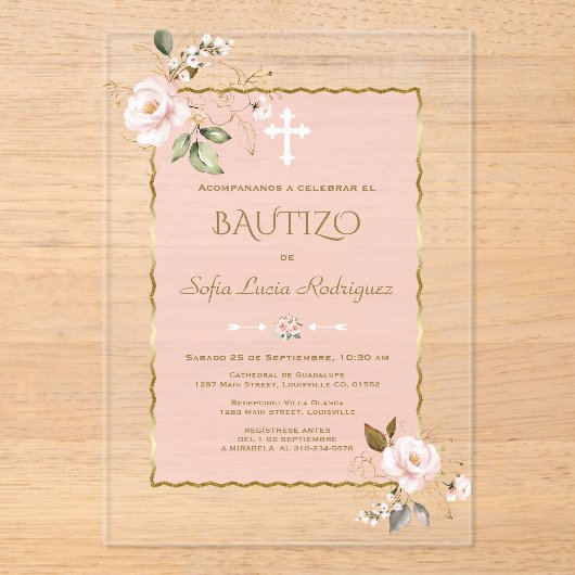 Elegante Roze Blozen Roze Met Bloemen Gouden Doopf Acryl Uitnodigingen (Voorkant)