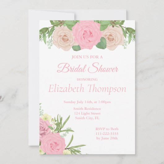 Elegante Roze Blozende Bloemachtige Bruidsfeest Ui Kaart (Voorkant)